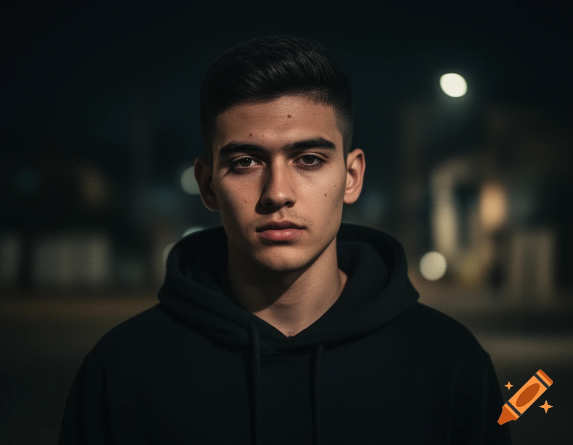 Realistic portrait of a young man in a dark hoodie with a neutral expression, captured at night with cinematic lighting.