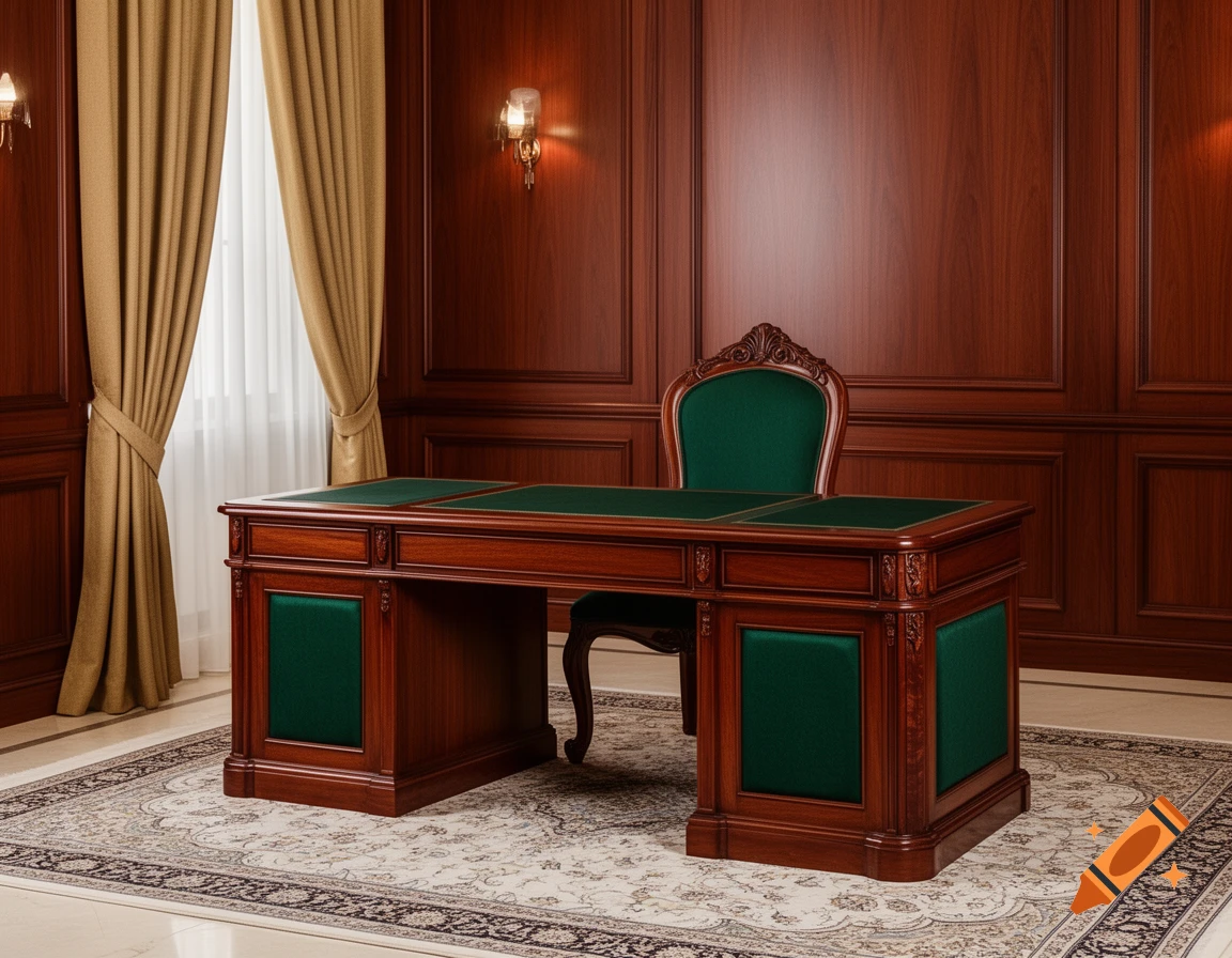 Classic study room with a dark wooden desk and green chair, wood-paneled walls, and gold curtains on a patterned rug.
