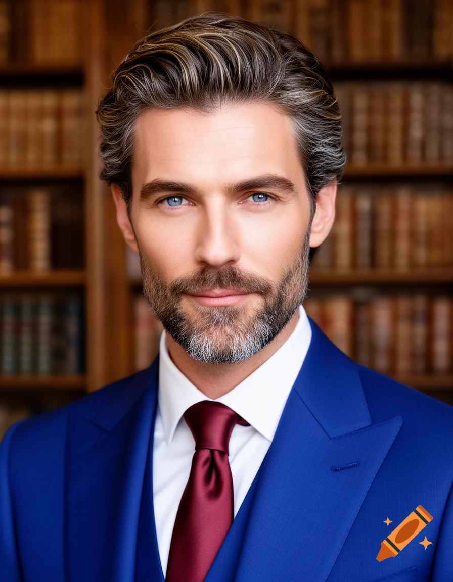 Photorealistic portrait of a distinguished man with blue eyes, beard, and grey-streaked hair, in a blue suit and red tie, against bookshelves.