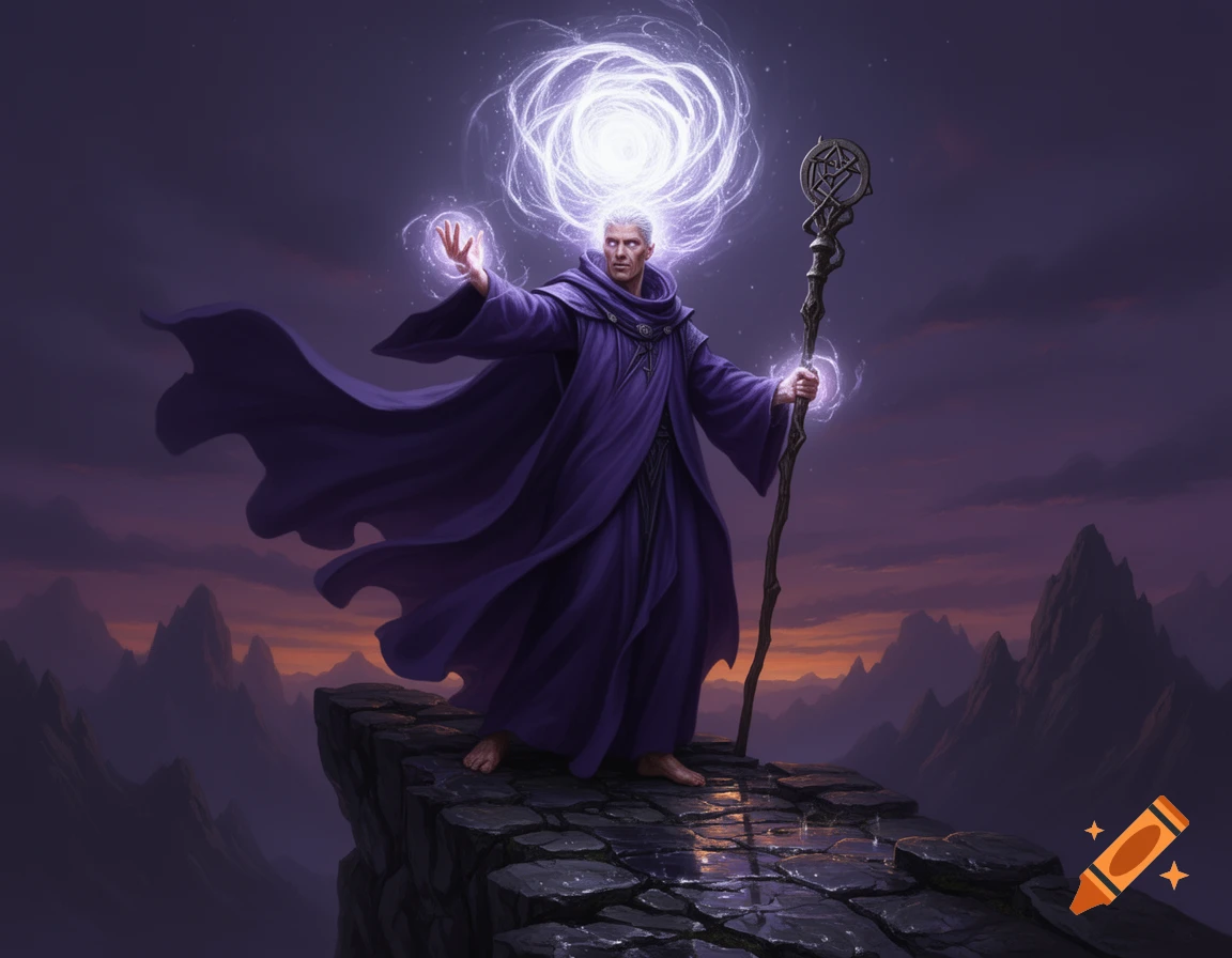 A white-haired sorcerer in a purple robe stands on a cliff, casting a swirling light spell into the dark sky.