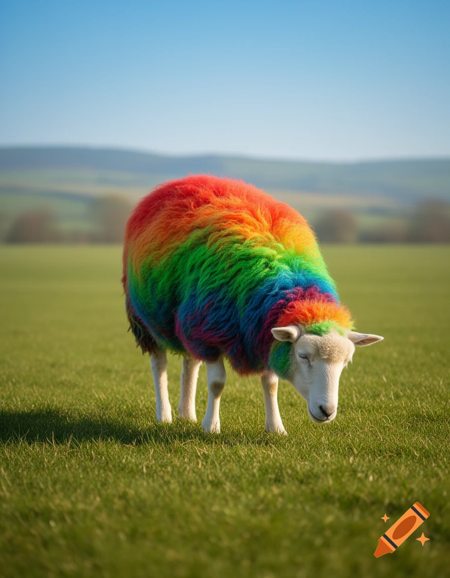 Photorealistic image of a sheep with rainbow-colored wool grazing in a green field under a clear blue sky.