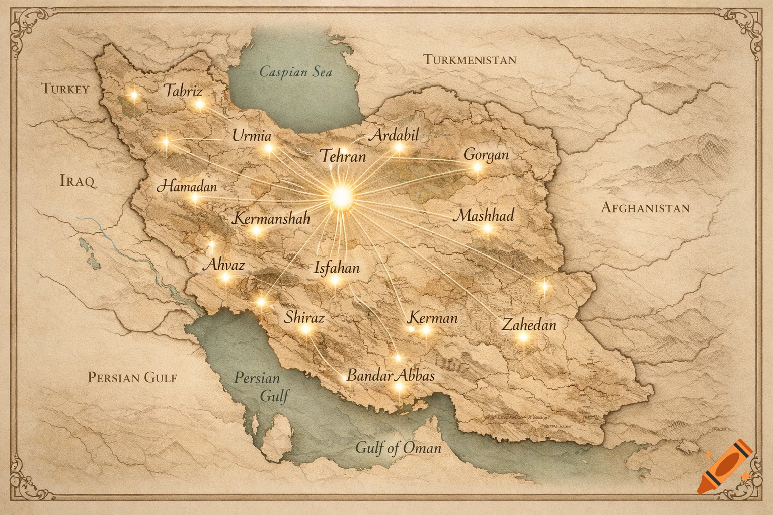 A vintage-style map of Iran showing major cities, with glowing points connected to Tehran.