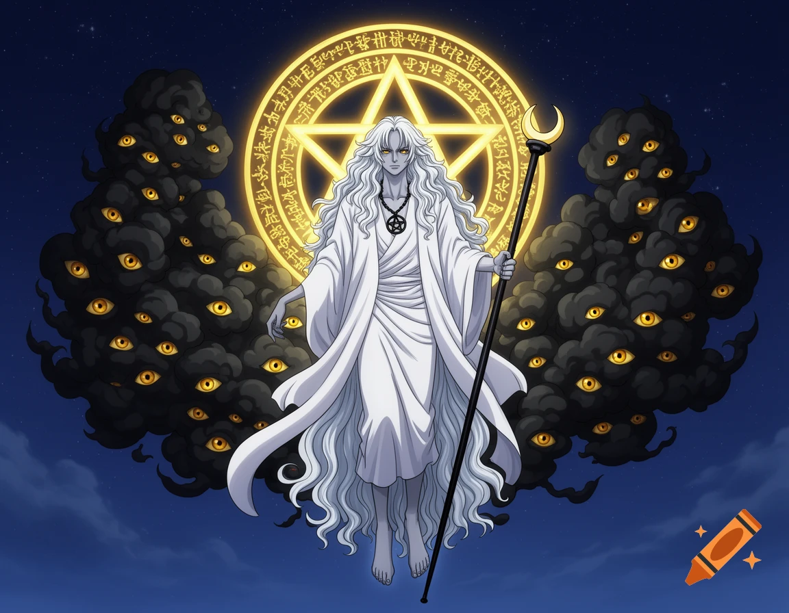An ethereal, white-haired, pale-skinned figure floats against a night sky, holding a crescent-moon staff, with a glowing pentagram behind and black clouds filled with golden eyes.