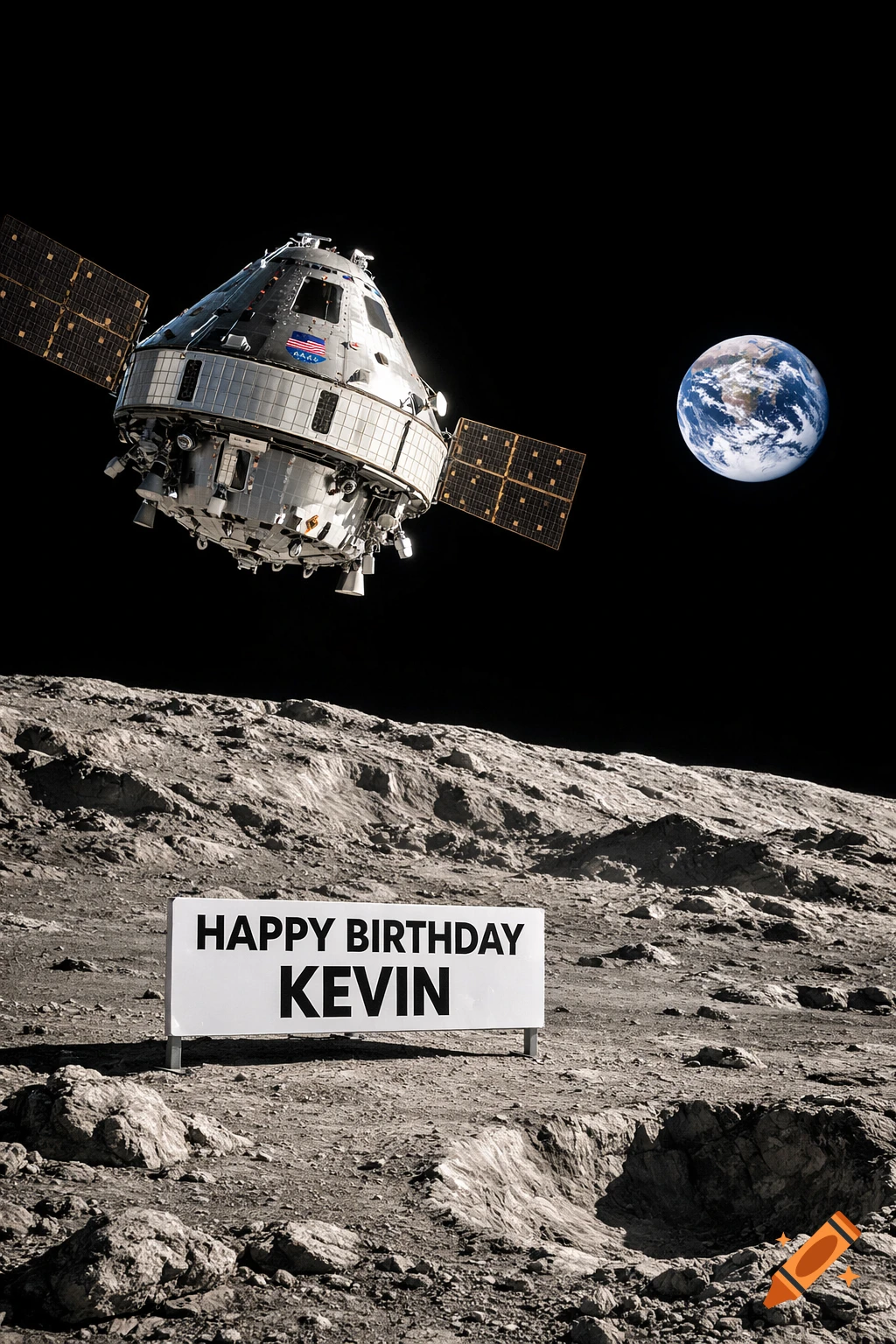 Photorealistic image of NASA Orion spacecraft orbiting the Moon, Earth in background, and a 'HAPPY BIRTHDAY KEVIN' sign on the lunar surface.