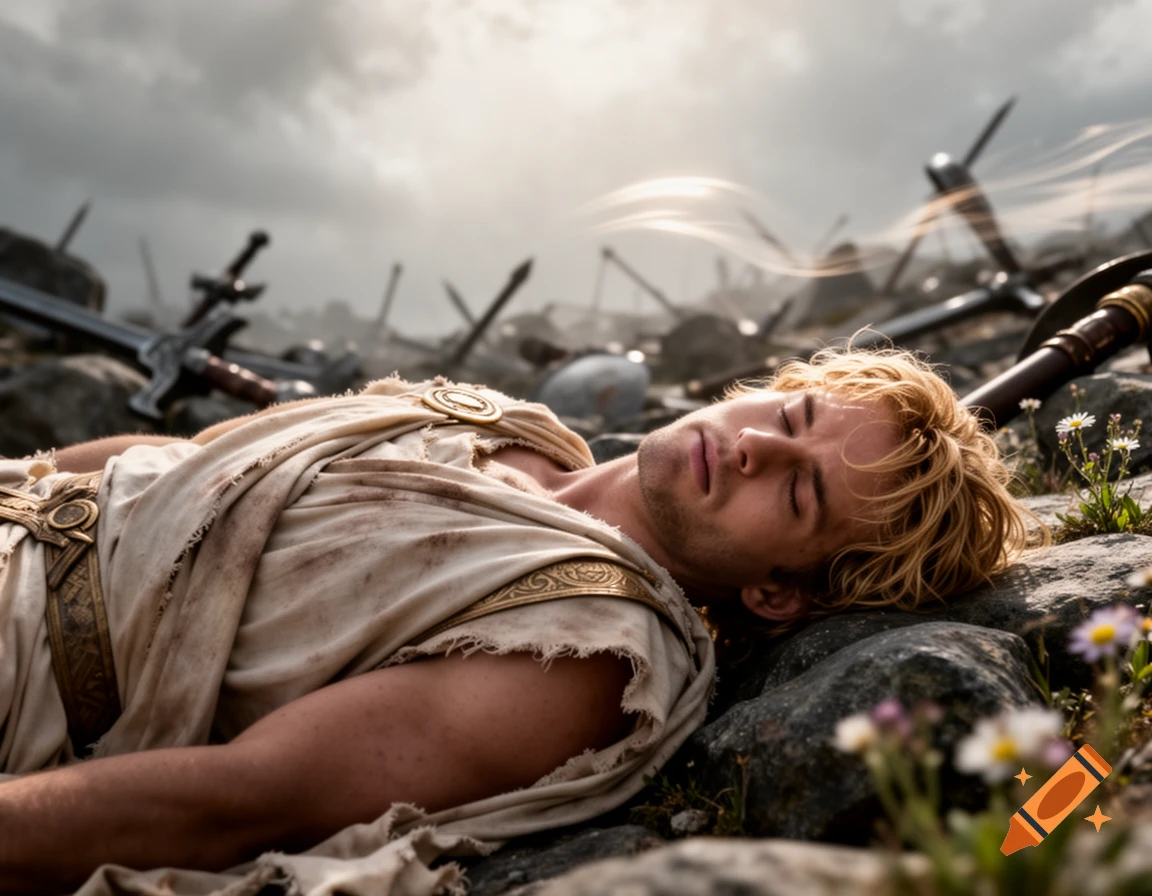 A fair-haired man in a tunic lies unconscious or dead on rocks amidst swords on a dramatic battlefield, with small flowers in the foreground.