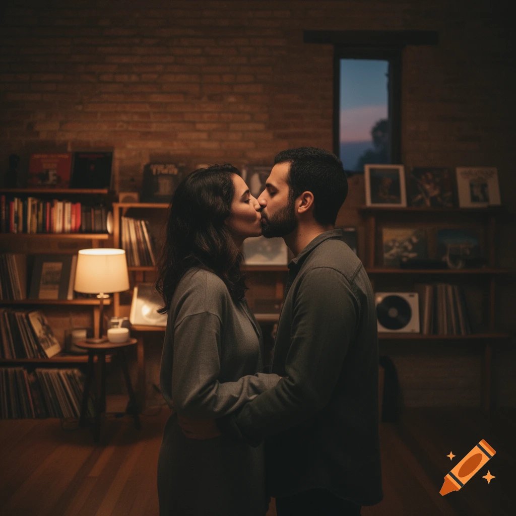 A couple kisses in a dimly lit room with bookshelves.