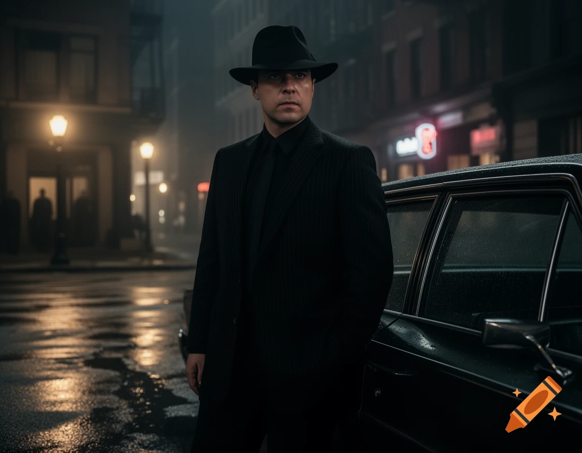 A man in a black suit and fedora stands next to a dark car on a wet city street at night, illuminated by streetlights, in a cinematic style.