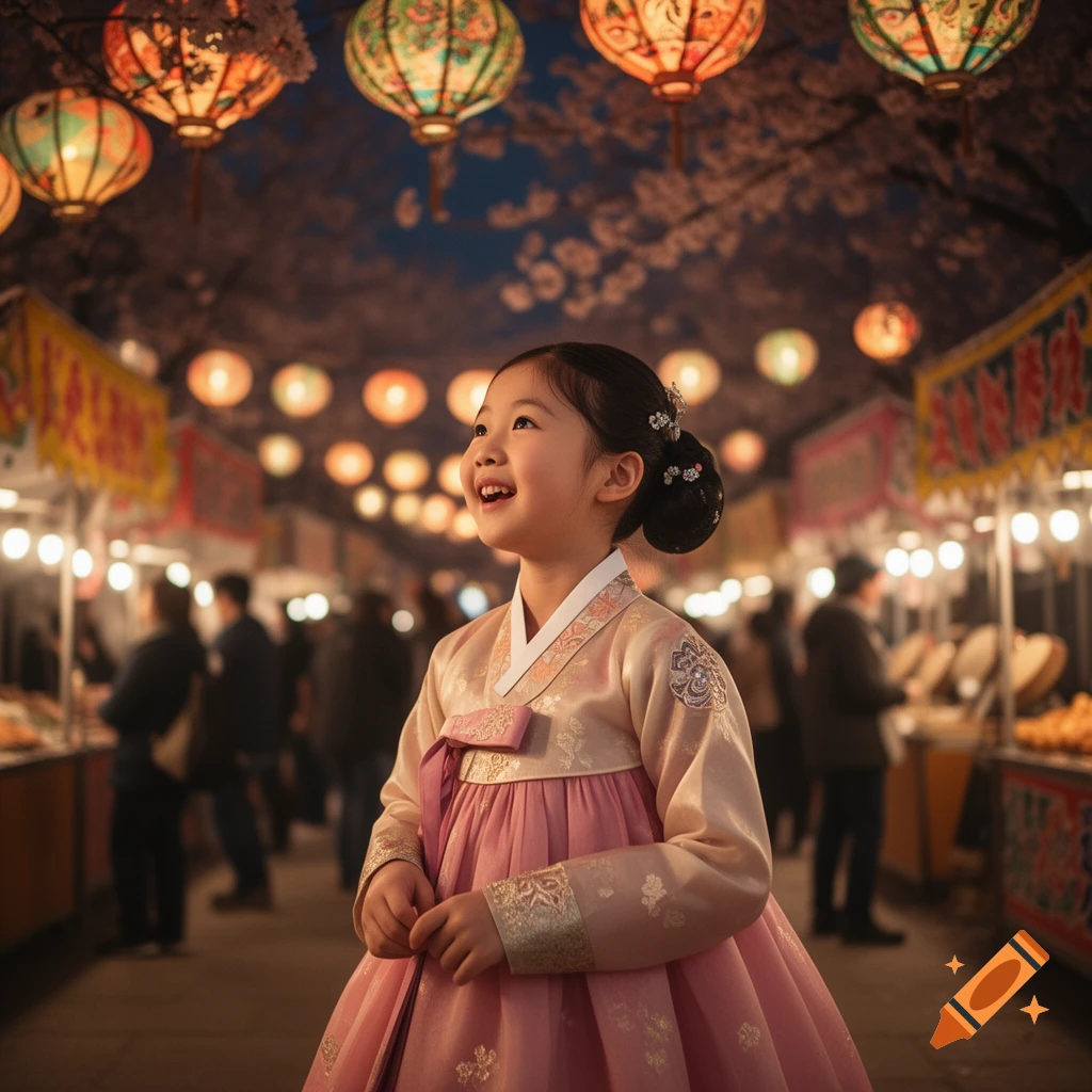A smiling young girl in a pink hanbok stands happily at a lively night market festival with lanterns overhead, looking up.