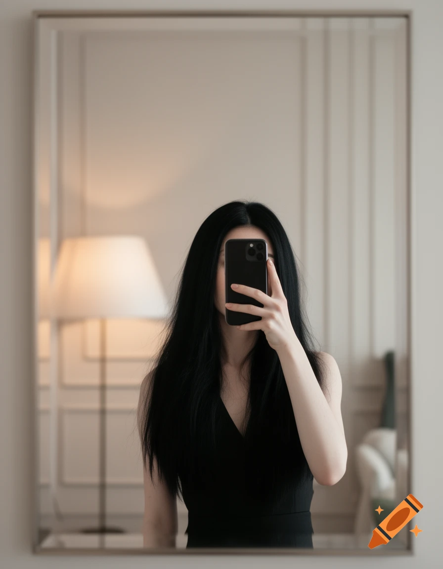 A woman with long black hair takes a mirror selfie, covering her face with her phone, in a light-colored room.