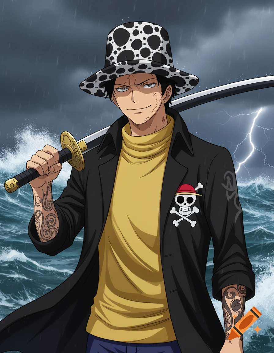 Anime man Trafalgar Law in a spotted hat, yellow turtleneck, and black coat, holding a katana against a stormy sea.