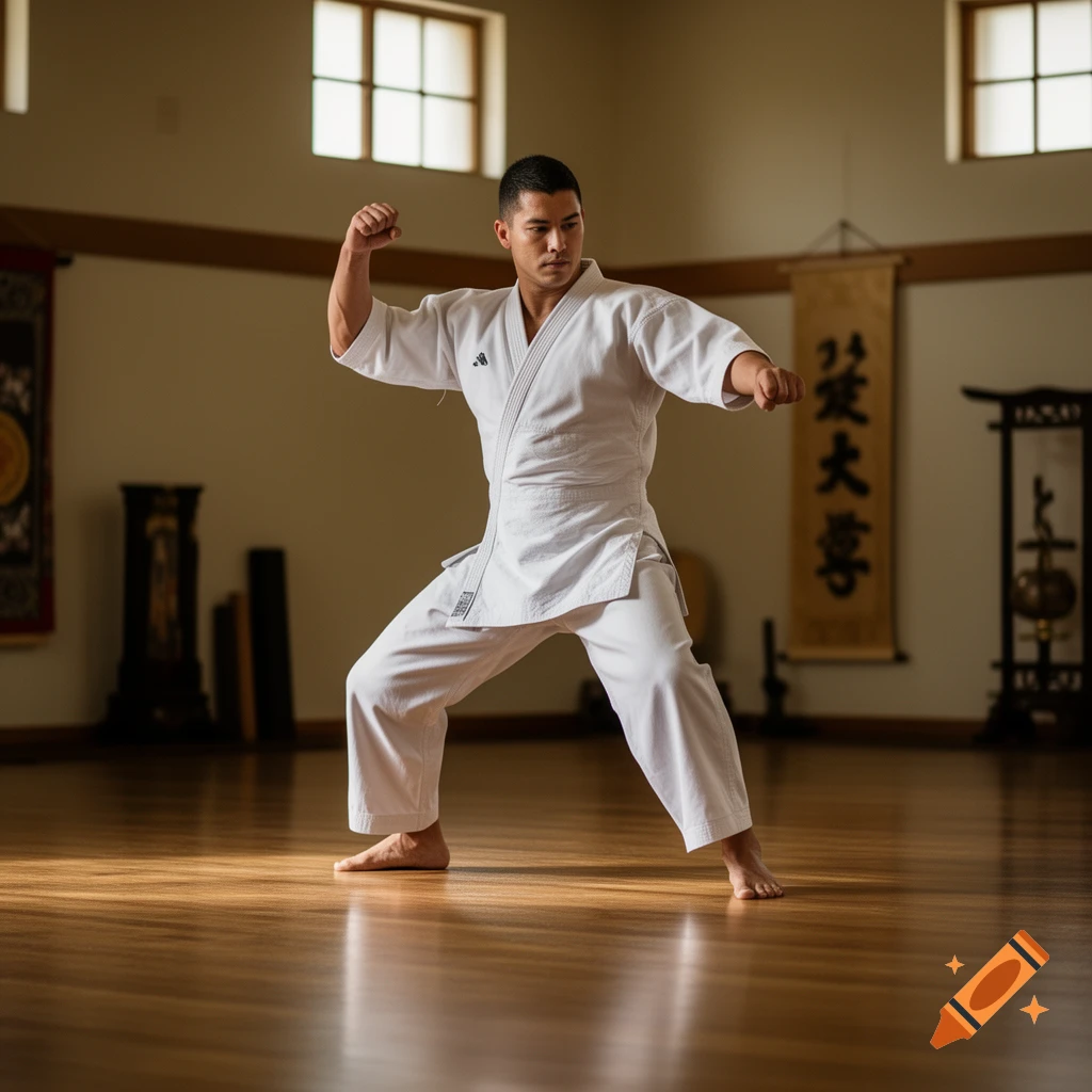 A fit man in a white karate gi poses dynamically in a sunlit dojo.
