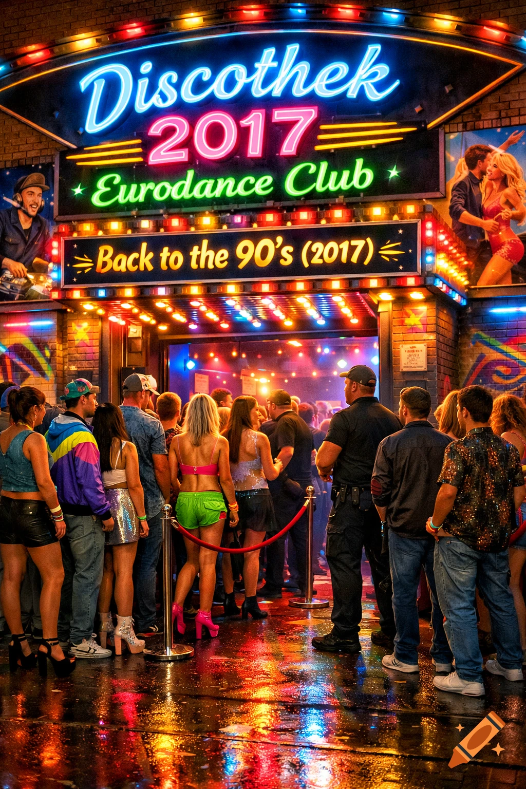 Crowd outside a vibrant neon-lit 'Discothek 2017 Eurodance Club' on a wet night, reflecting colorful lights.