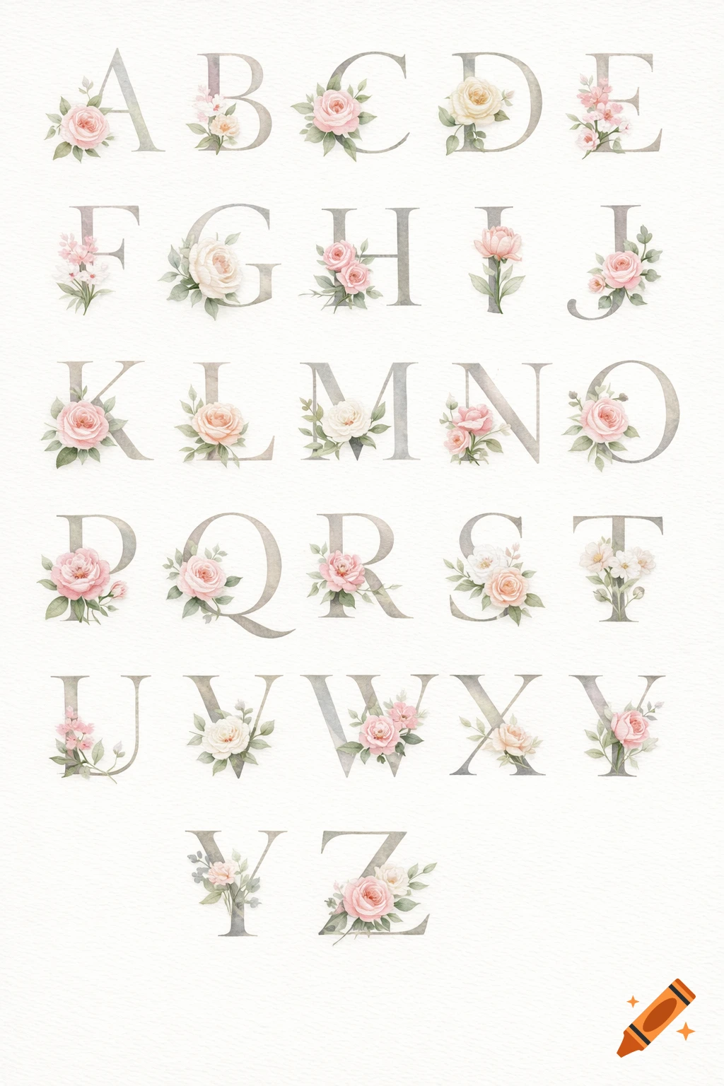 Watercolor alphabet with each capital letter adorned with delicate pink, cream, and white roses and foliage, on a textured white background.