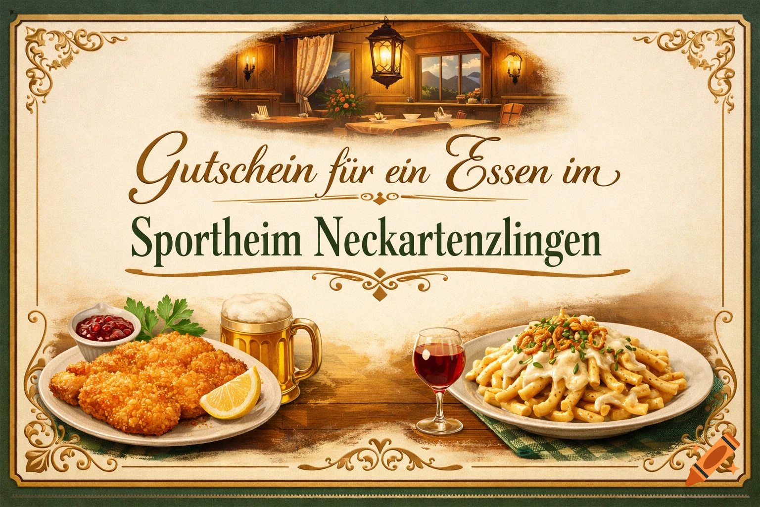 An elegant German restaurant voucher featuring schnitzel, spätzle, beer, and wine on a wooden table, below a cozy tavern interior.