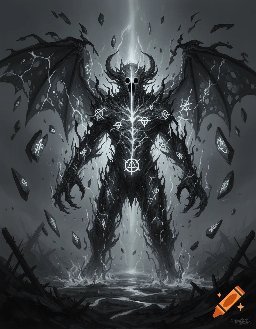 A grimdark, monochromatic illustration of a dark, horned, winged demon with a fractured body covered in glowing symbols, standing on a desolate, shattered ground.