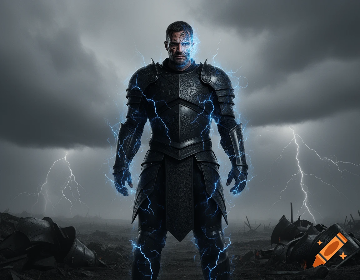 Armored warrior crackling with blue lightning stands on a desolate battlefield under a stormy sky.