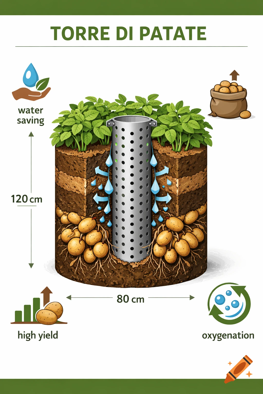 A cutaway diagram of a potato tower with a central perforated cylinder for water and air, showing layers of soil and potatoes growing. Labels indicate water saving, high yield, oxygenation, 120cm height, and 80cm width.