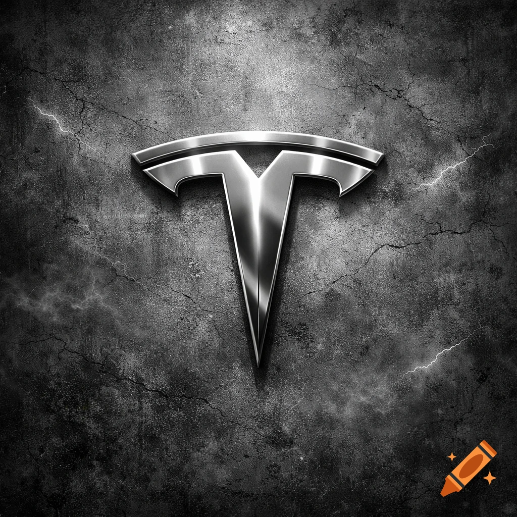 A shiny metallic Tesla logo centered on a dark grey weathered background with faint lightning effects.