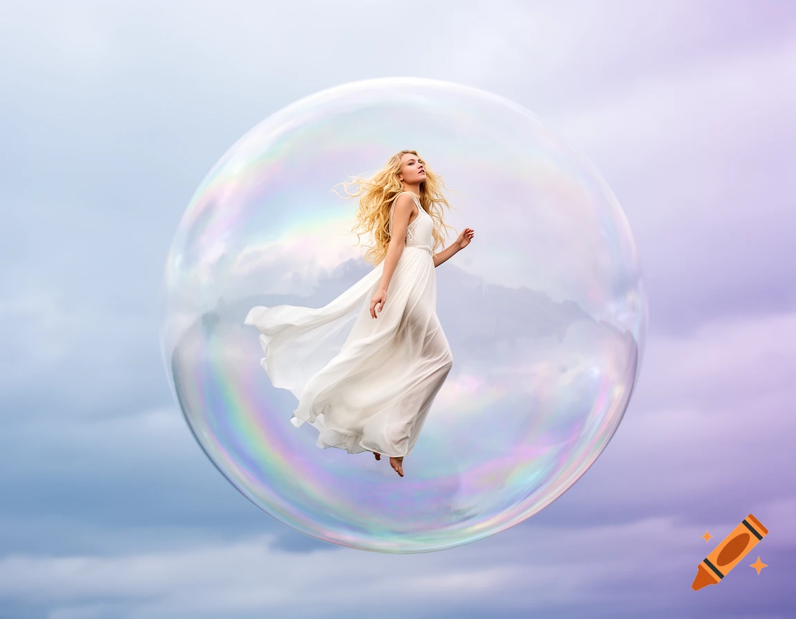 A blonde woman in a white dress floats gracefully inside a huge iridescent soap bubble against a soft, cloudy sky.