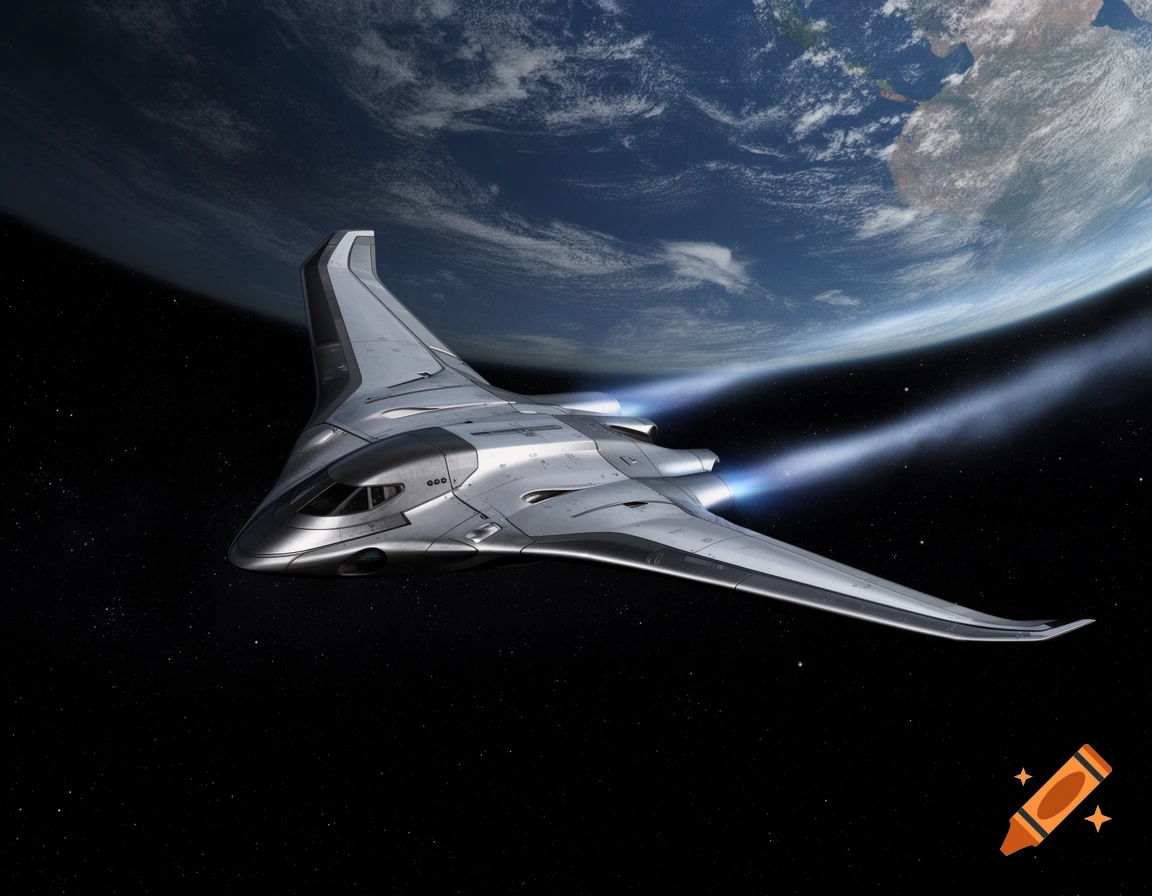 A sleek, silver futuristic spaceplane with glowing engines flying through space with a blue Earth in the background.