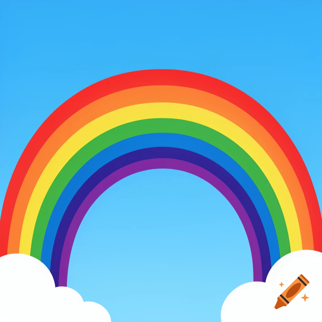 A colorful rainbow, with red, orange, yellow, green, blue, indigo, and violet bands, arches across a clear blue sky, with white clouds at its base.