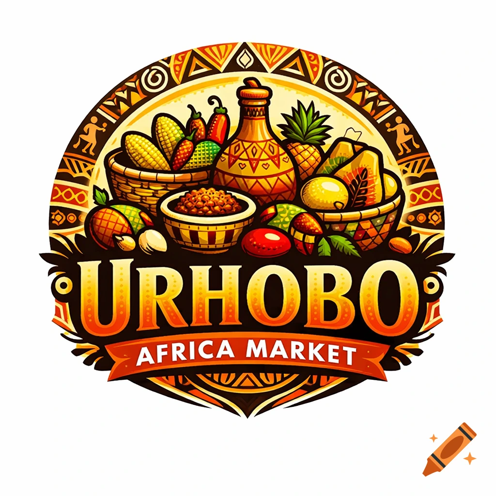 Vibrant Urhobo Africa Market logo with traditional patterns, corn, peppers, pineapple, and other fruits.