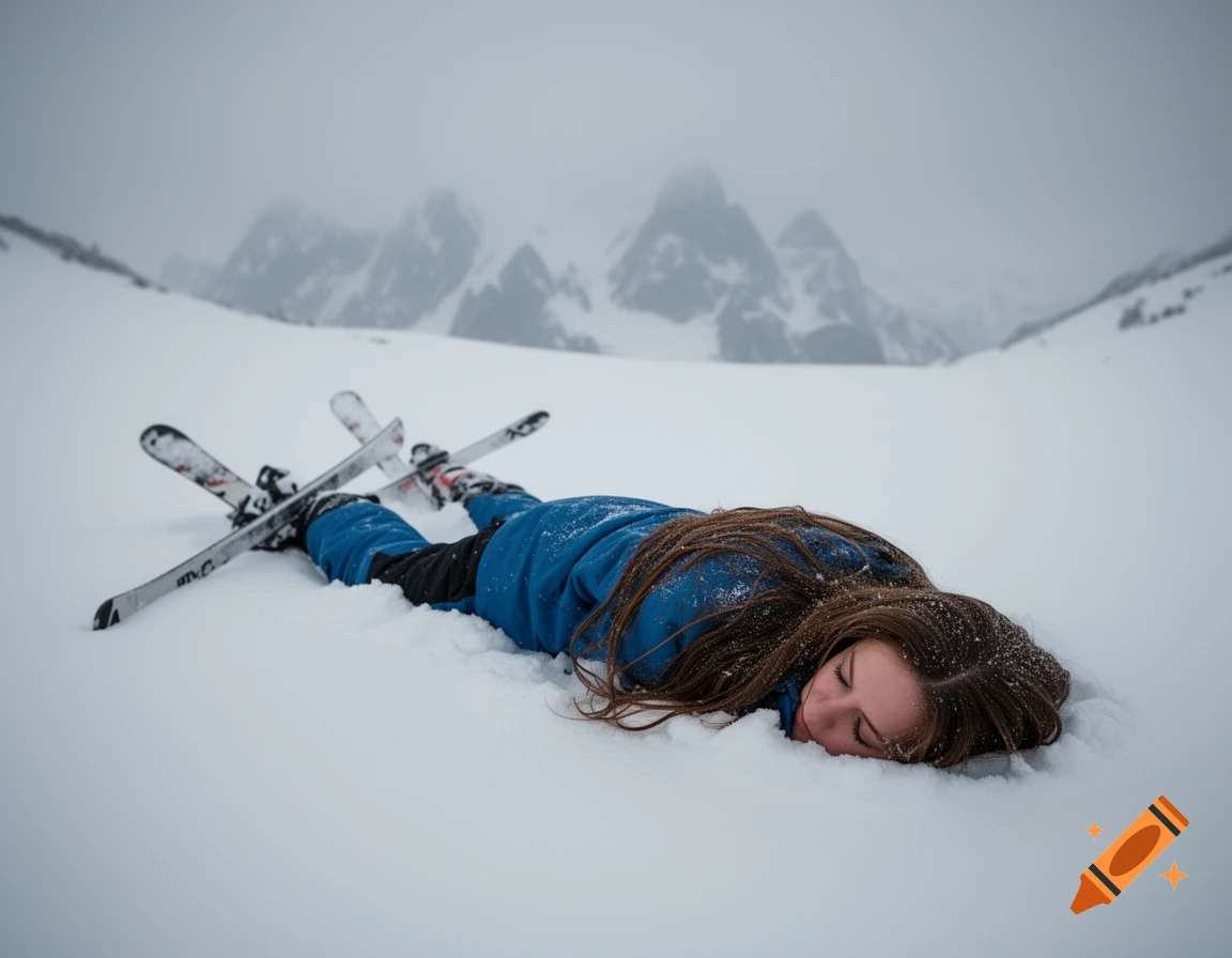 A skier with long brown hair lies face down in deep snow, with skis attached, in a foggy mountain landscape.