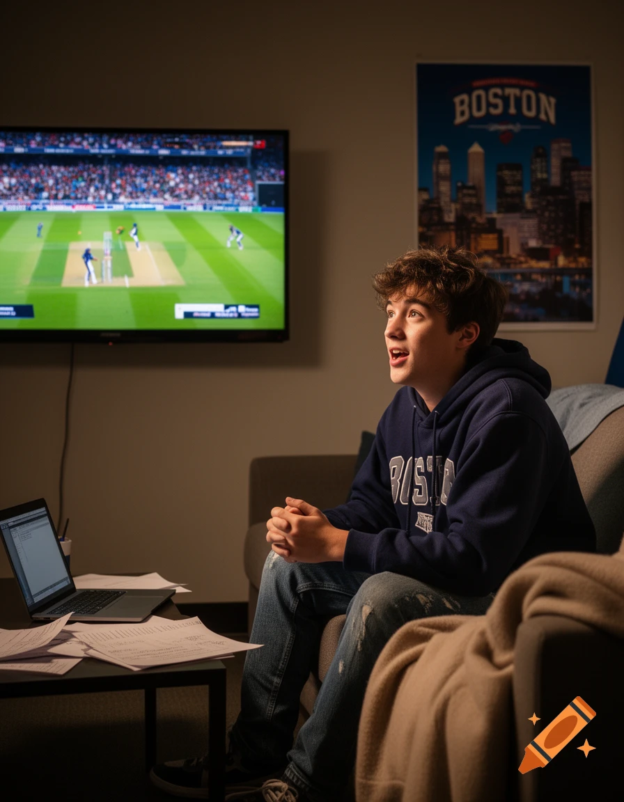 A young man sits on a couch, intently watching a cricket match on a TV screen in a dimly lit room.