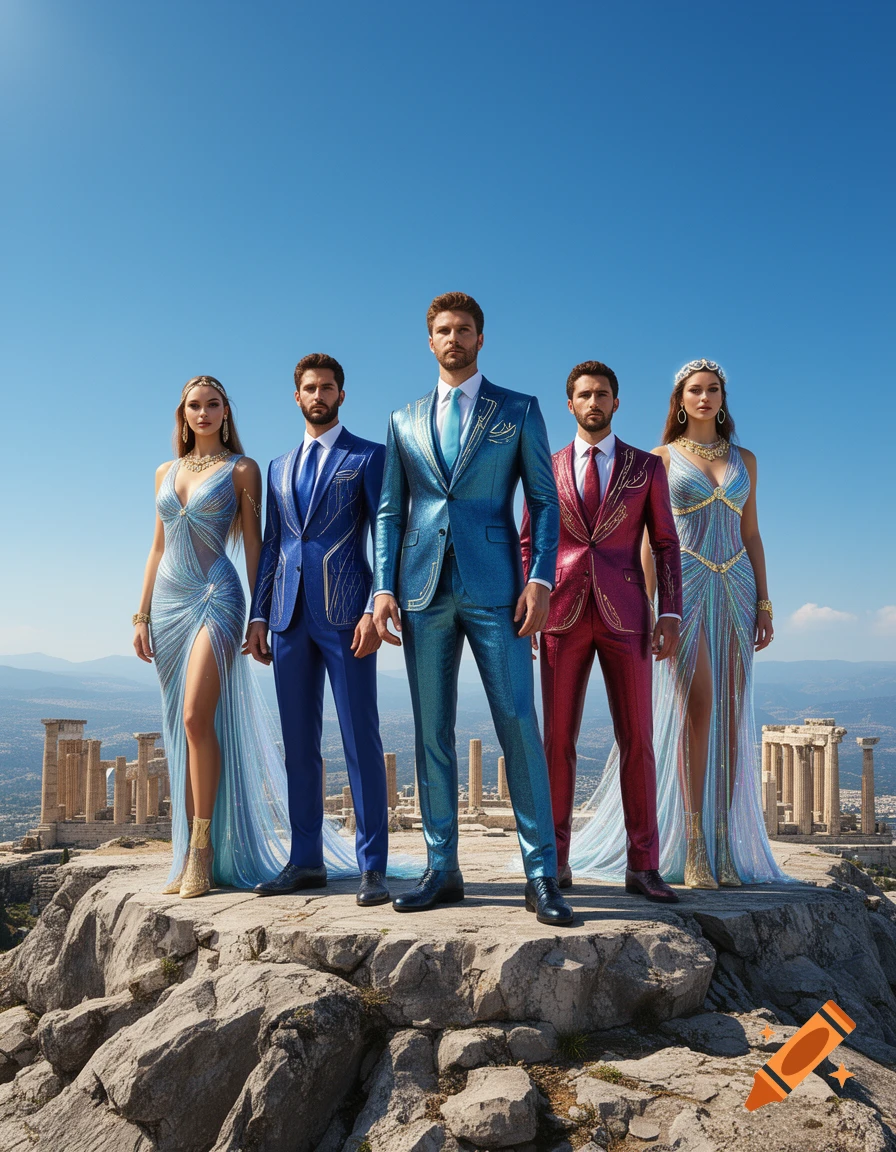 Five people in shimmering, futuristic formal wear stand on a rocky mountain overlooking ancient Greek ruins under a clear blue sky.