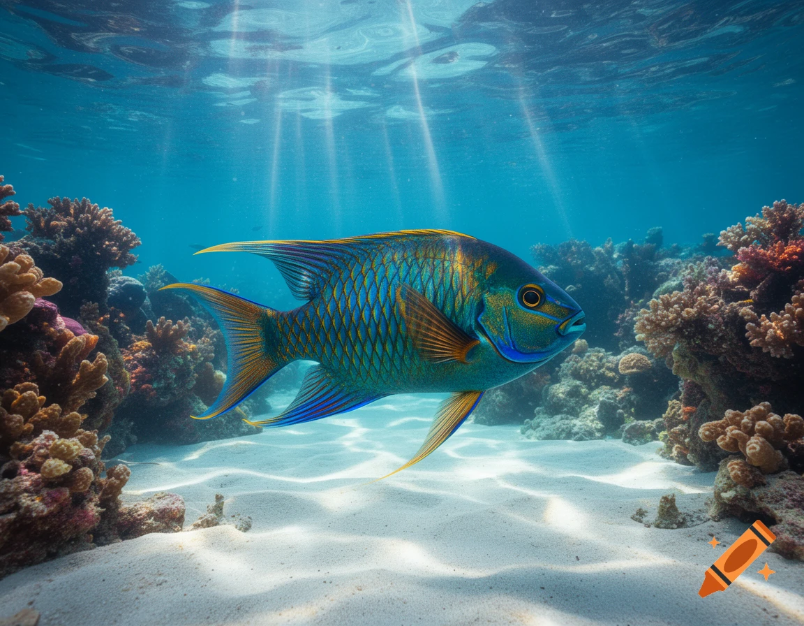 A vibrant, colorful fish swims over a sandy seabed surrounded by coral, with sunbeams shining through the blue water.