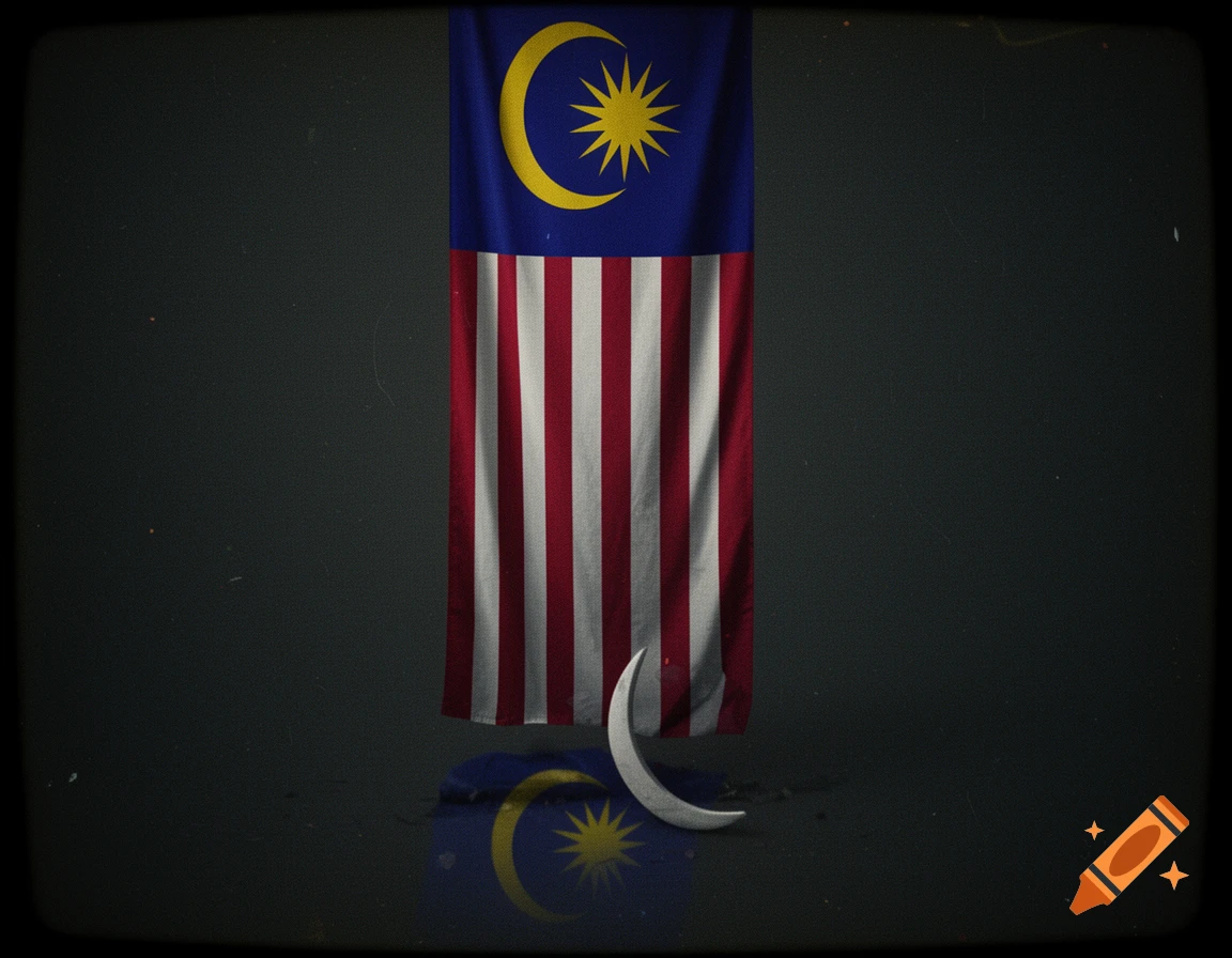 A dark, stylized image of a hanging Malaysian flag with its crescent moon detached and fallen onto the ground, reflecting the flag's star.