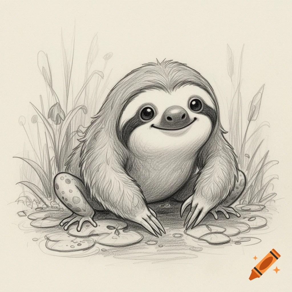 Pencil sketch of a cute, smiling sloth-frog hybrid creature sitting among lily pads and reeds in a swamp.