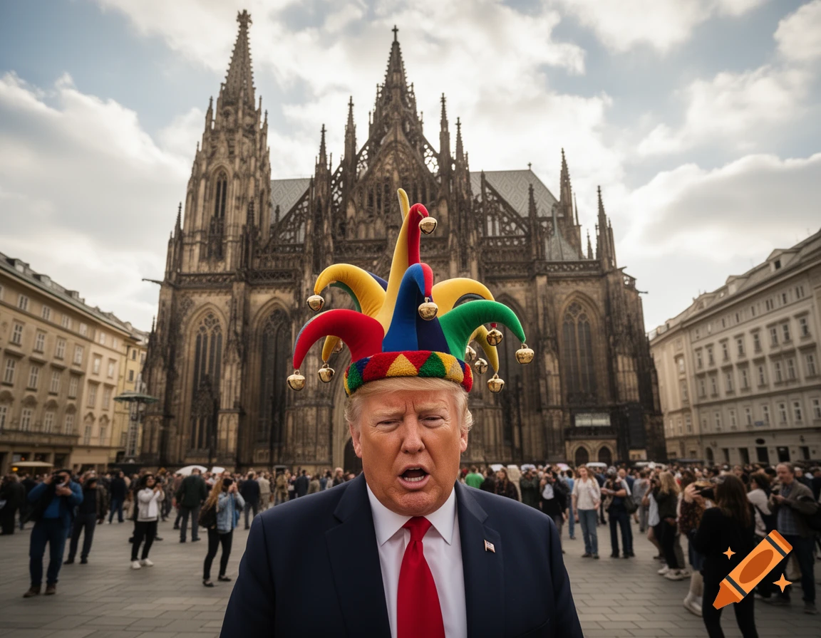 Donald Trump in a colorful jester hat stands in a crowded square before a grand gothic cathedral.