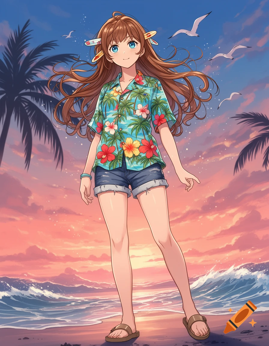An anime girl in a Hawaiian shirt and denim shorts stands on a beach with palm trees at a vibrant sunset.