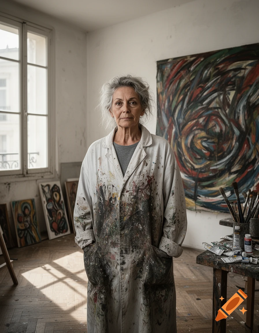 An older woman with gray, messy hair and a paint-splattered smock stands in her art studio, with abstract paintings.