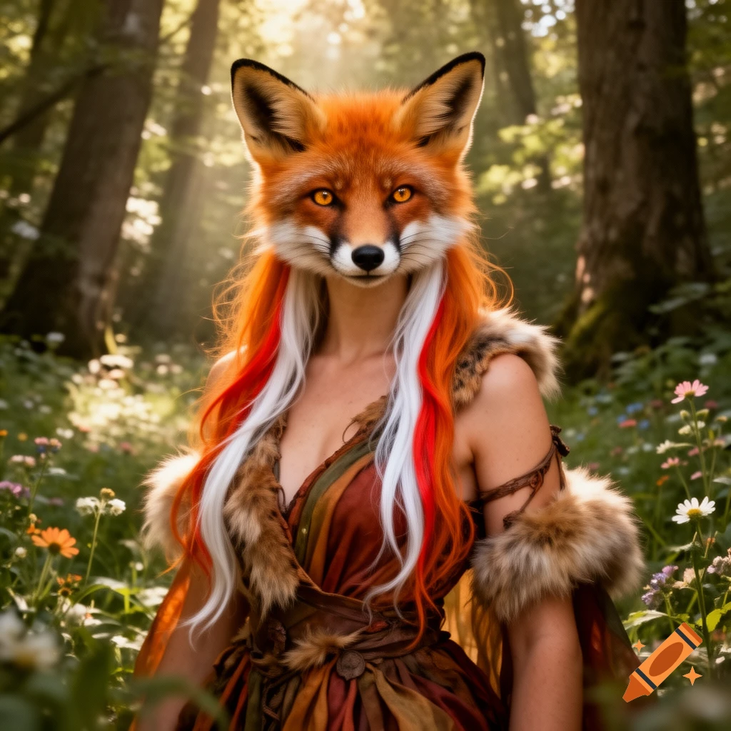 A fantasy portrait of a person with a fox head, long red and white hair, wearing an earthy, fur-trimmed dress in a sunlit forest with wildflowers.