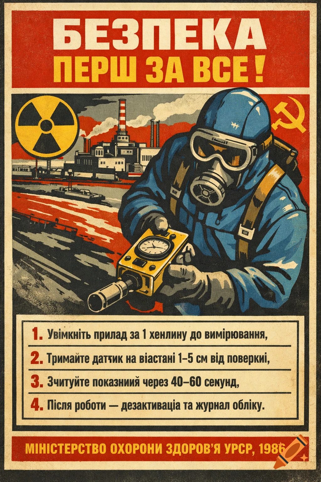 A Soviet-era Ukrainian safety poster from 1986 in socialist realism style, depicting a worker in blue protective gear and a gas mask holding a Geiger counter, with a nuclear plant in the background. Red and yellow text provides instructions for using the device. The poster features a radiation symbol and the hammer and sickle.