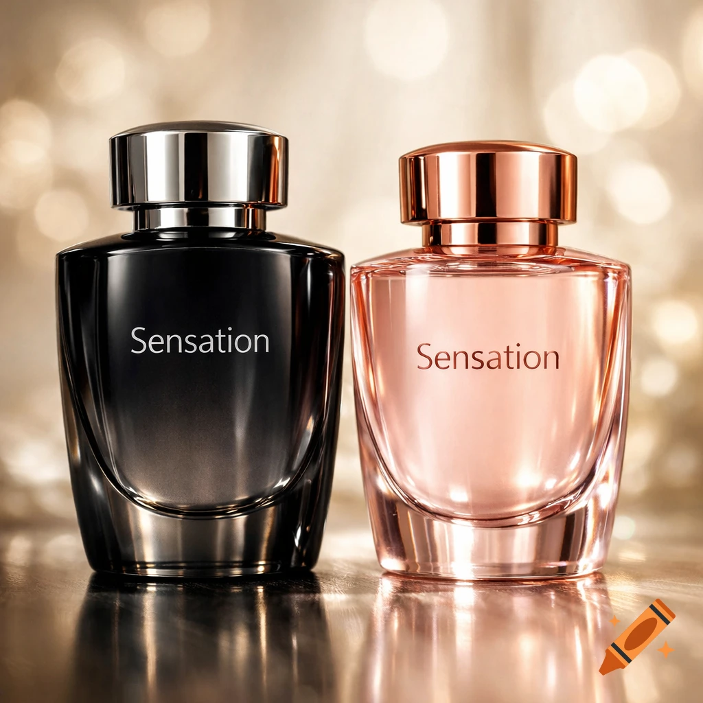 Two luxury 'Sensation' perfume bottles, one black with a silver cap, one pink with a rose gold cap, on a reflective surface.