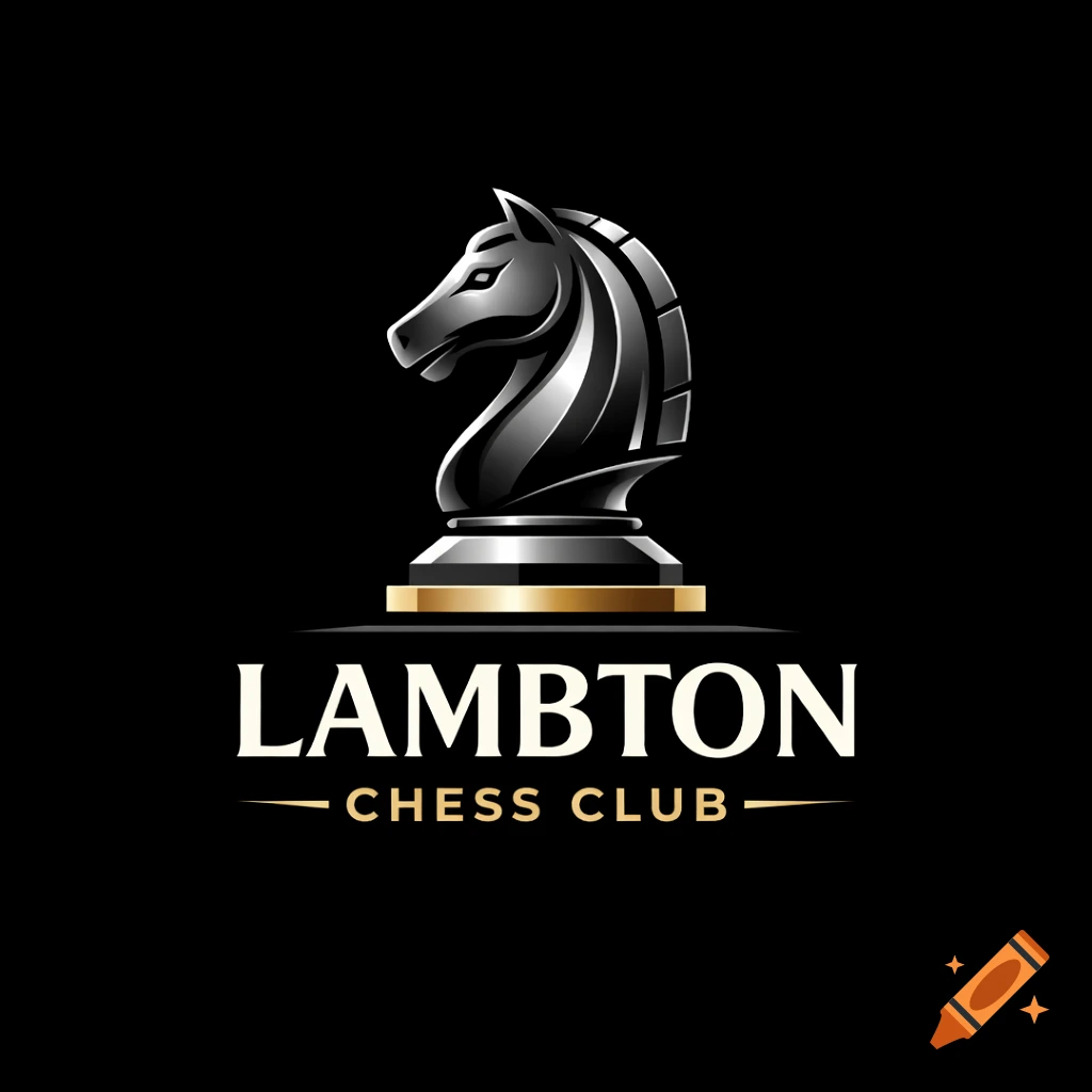 A sleek black and silver chess knight logo for 'Lambton Chess Club' on a black background with gold accents.