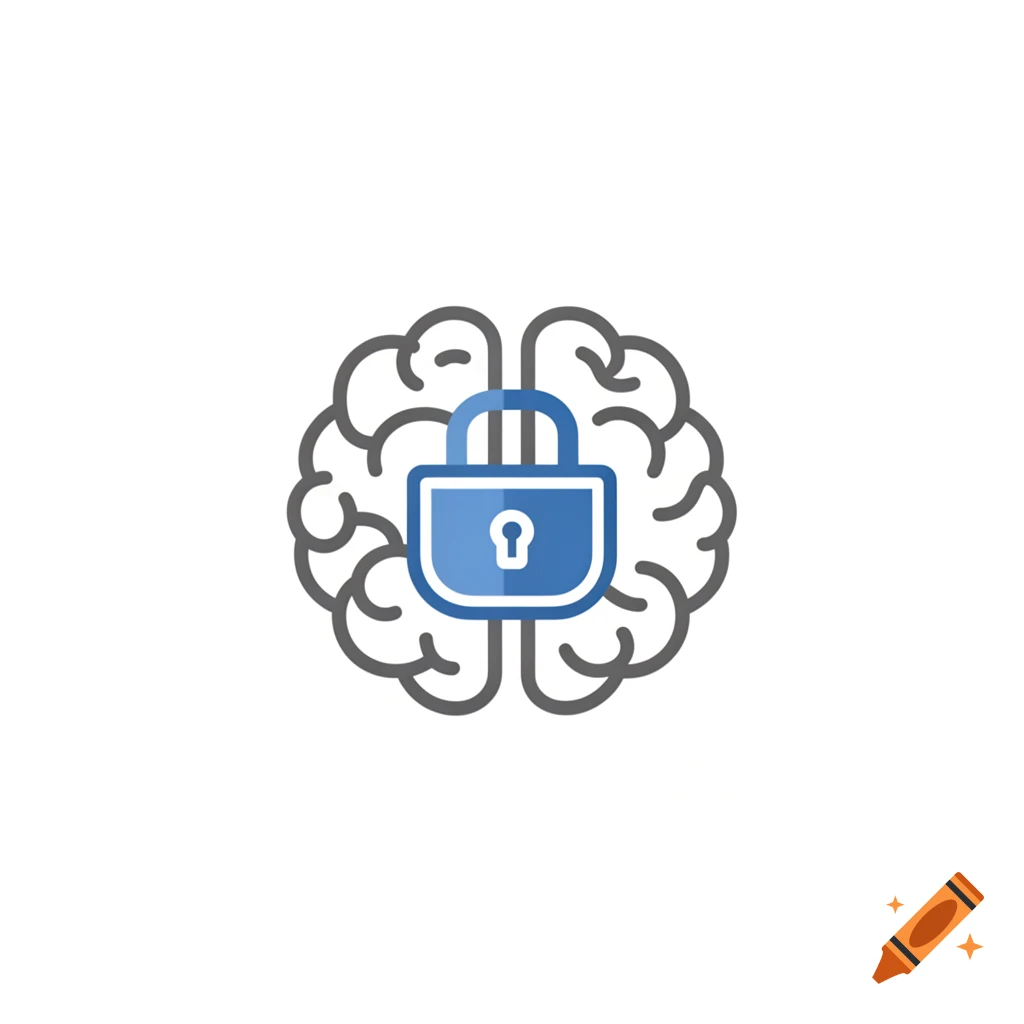 Minimalist flat icon of a gray brain with a blue padlock in the center, symbolizing security or common sense.