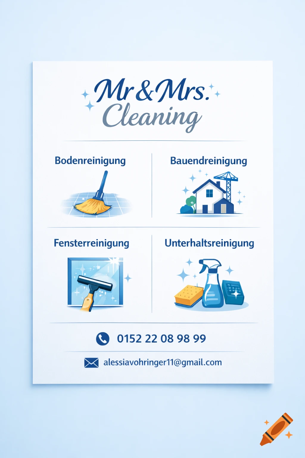 A 'Mr & Mrs. Cleaning' flyer featuring four illustrated cleaning services, phone number, and email in a clean, blue and white design.