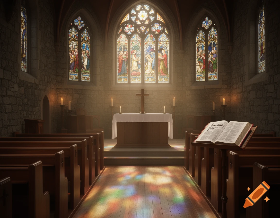 Photorealistic image of the interior of a dimly lit church with stained glass windows, wooden pews, an altar with a cross, and an open Bible on a lectern. Colorful light from the windows reflects on the wooden floor.