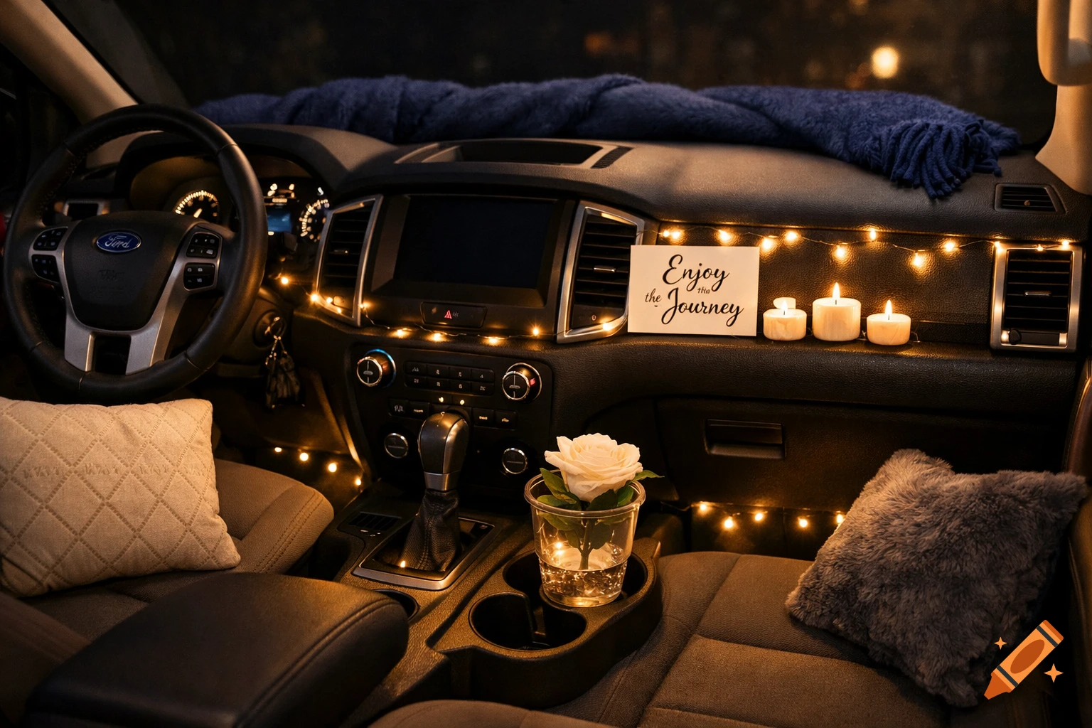 Cozy Ford Ranger XLT interior at night, decorated with fairy lights, candles, a white rose, and a card reading "Enjoy the Journey".