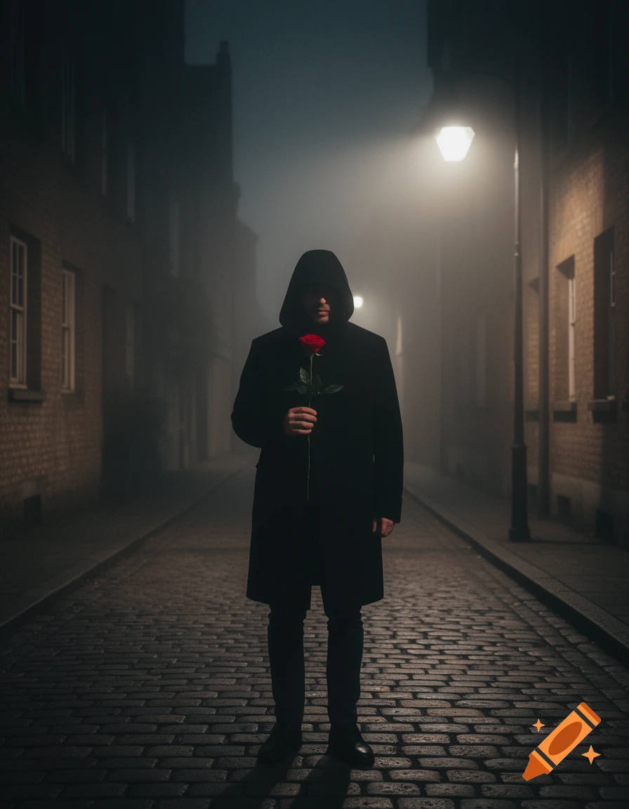 A person in a black hooded coat stands in a foggy, dimly lit cobblestone street, holding a single red rose.