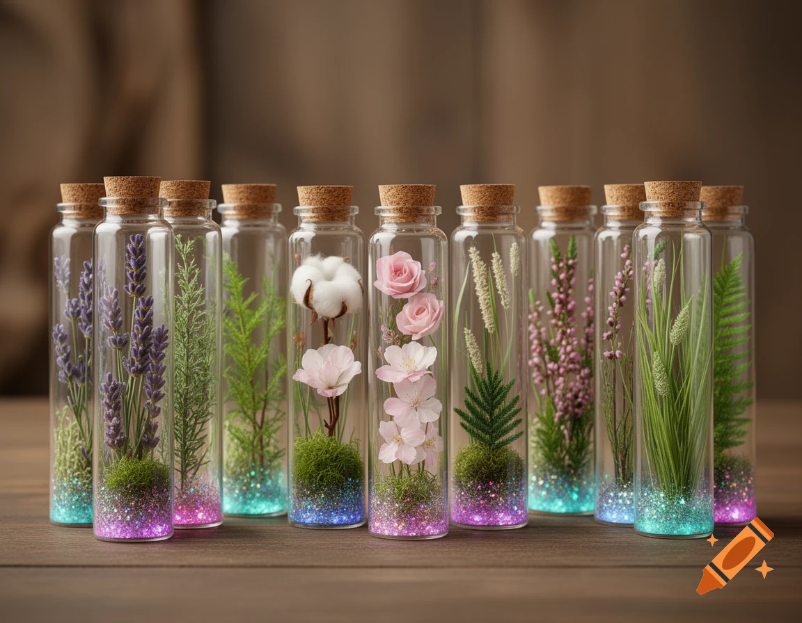 Ten glass vials with cork stoppers, each containing unique botanical arrangements like lavender, roses, cotton, and ferns over colorful glitter.