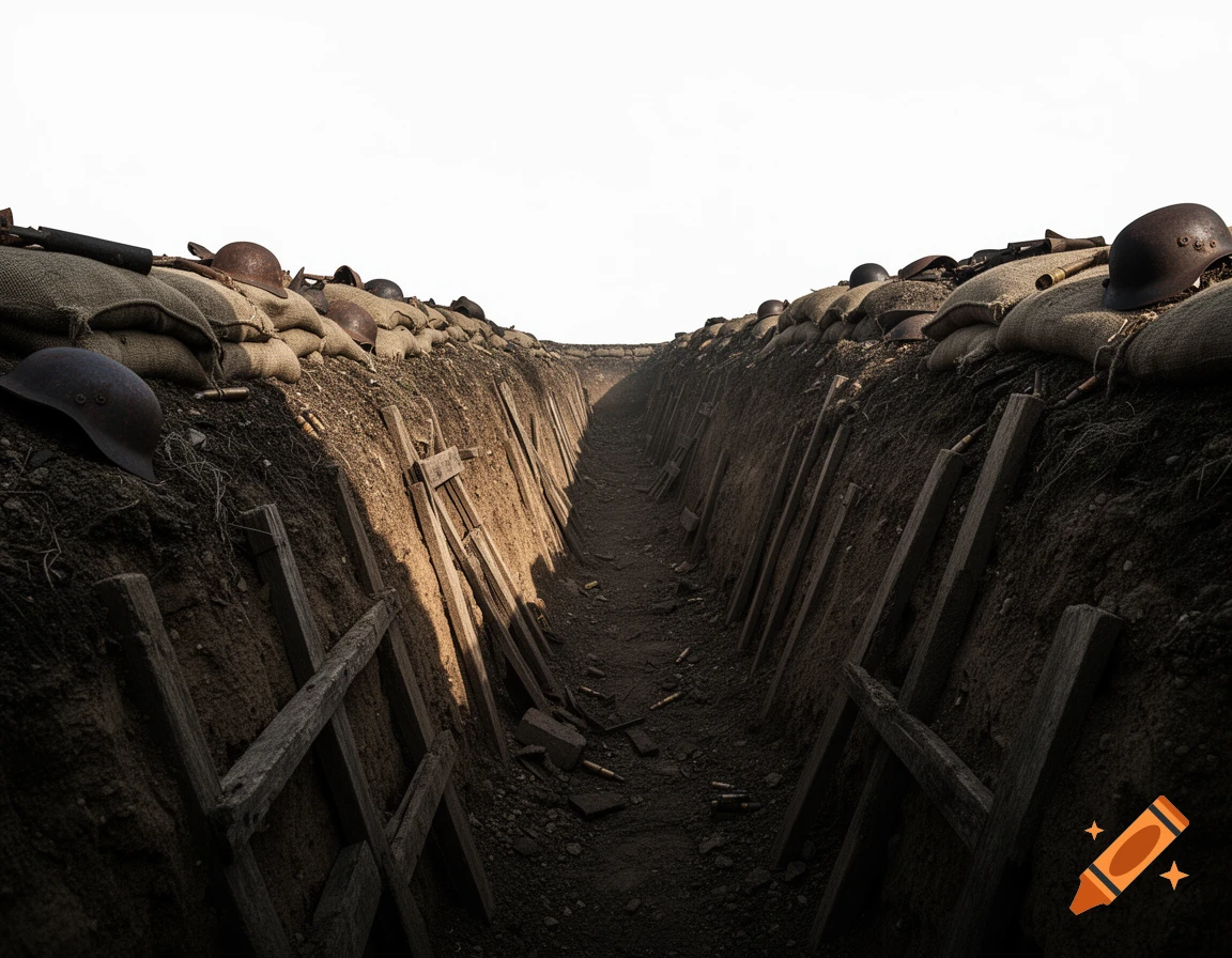 Photorealistic image of an empty World War I trench with sandbags, helmets, and wooden supports under a stark white sky.