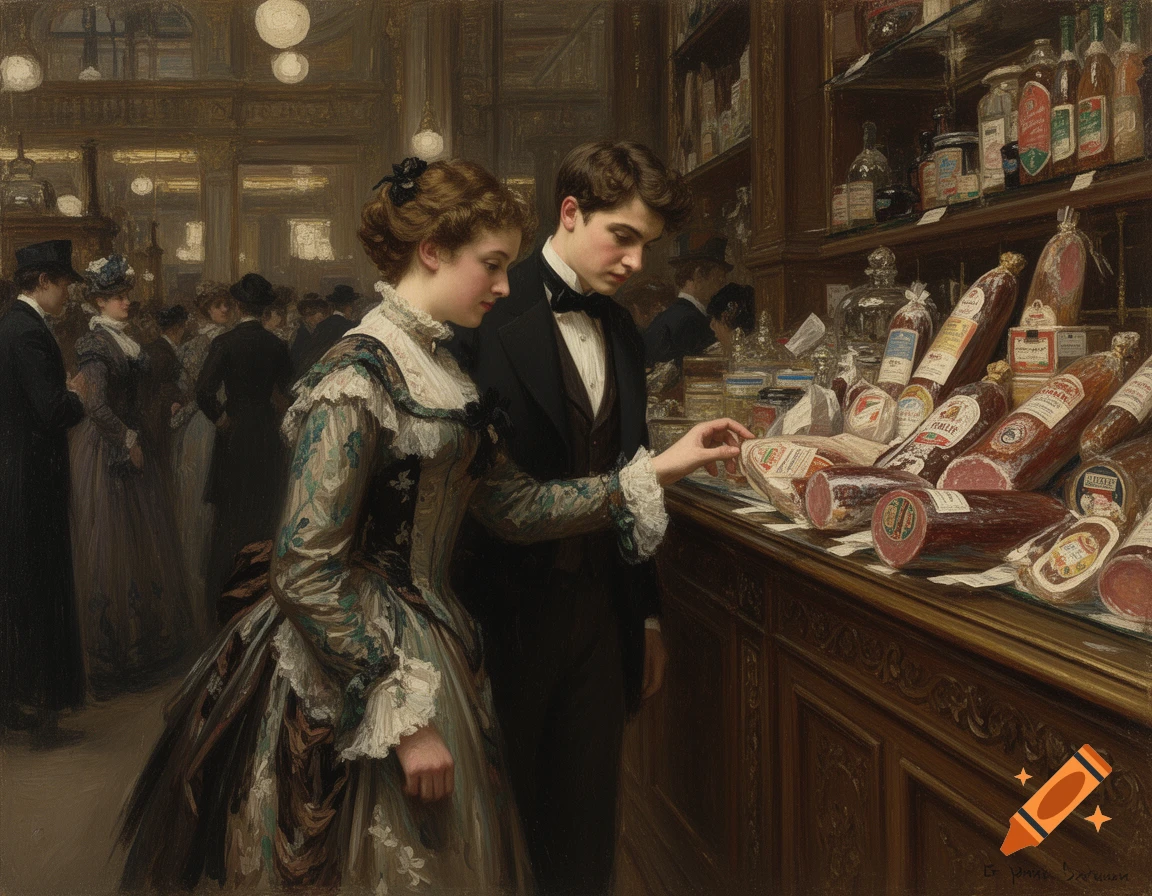 Victorian couple in an oil painting, in a bustling 1890s department store, looking at a delicatessen counter.