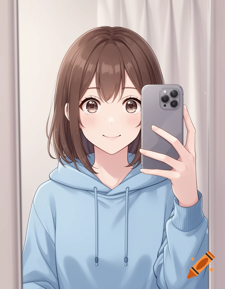 A smiling anime girl with brown hair and a light blue hoodie takes a mirror selfie with a gray smartphone.