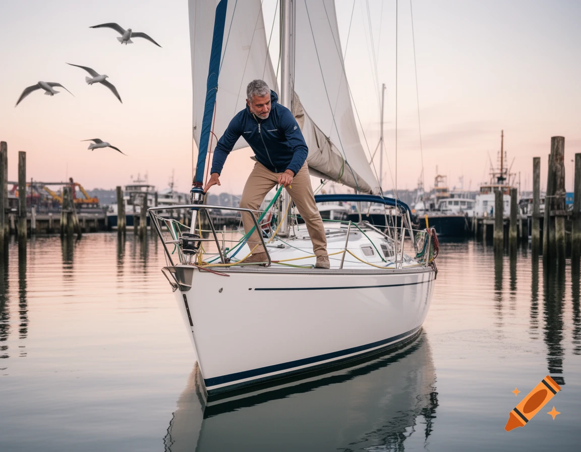 Middle-aged man on a sailboat's bow handling ropes in a calm harbor at sunset, with seagulls flying above. Photorealistic.