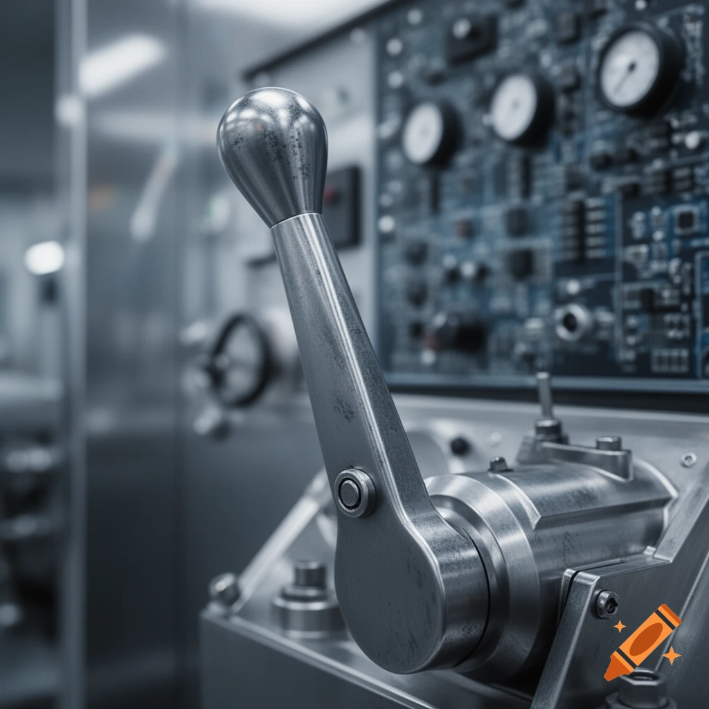 Close-up photorealistic shot of a metallic lever mechanism and complex machinery with gauges in the background.
